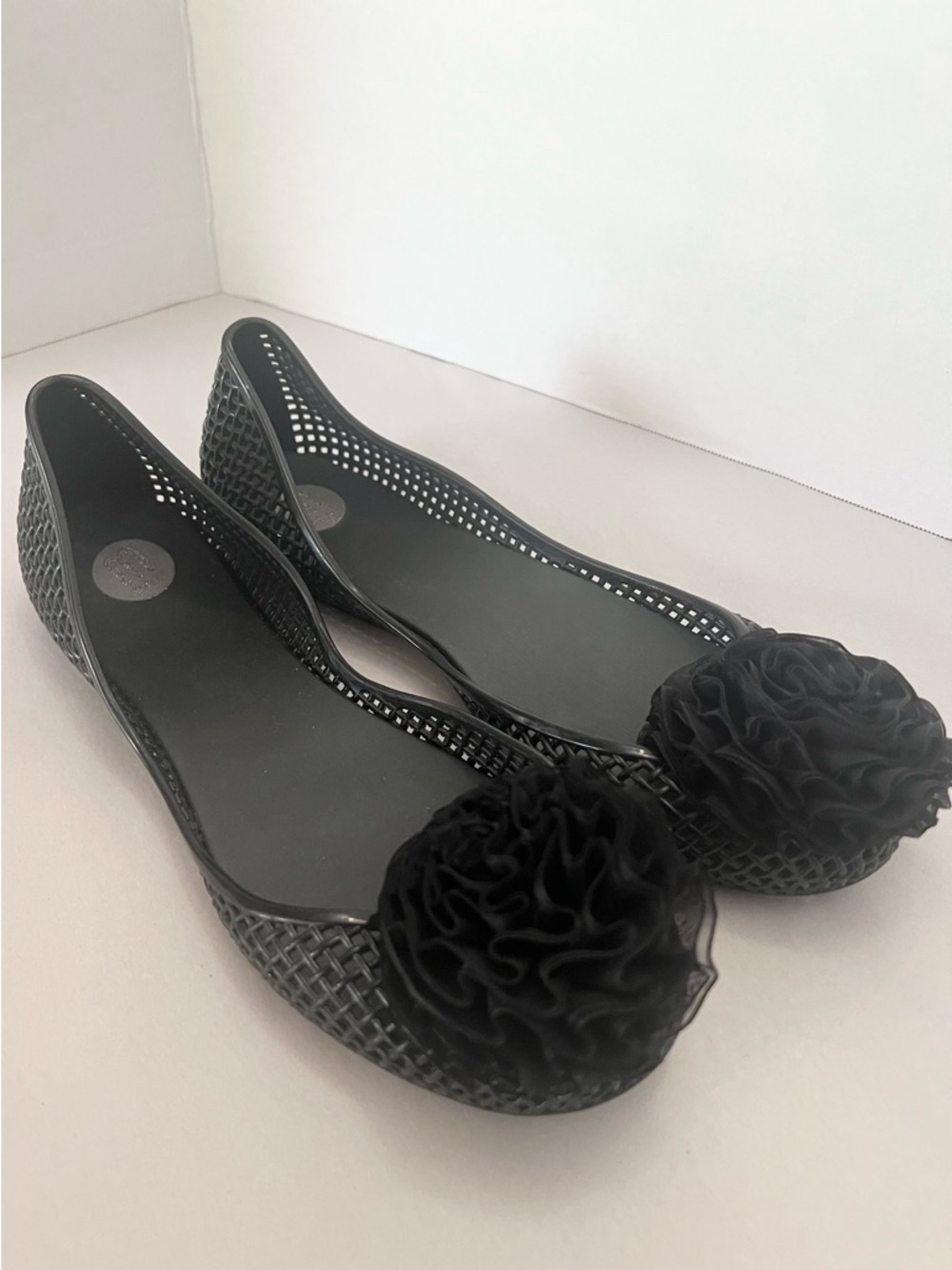 Melissa Black Jelly Ballet Flats Rosette Toe Size 7 Slip On